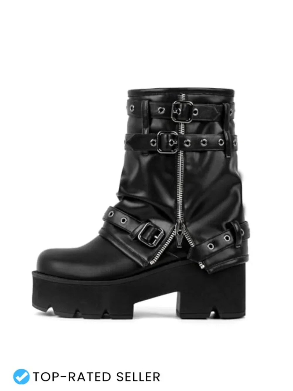 Faux Leather Punk Block Heel Ankle Boots